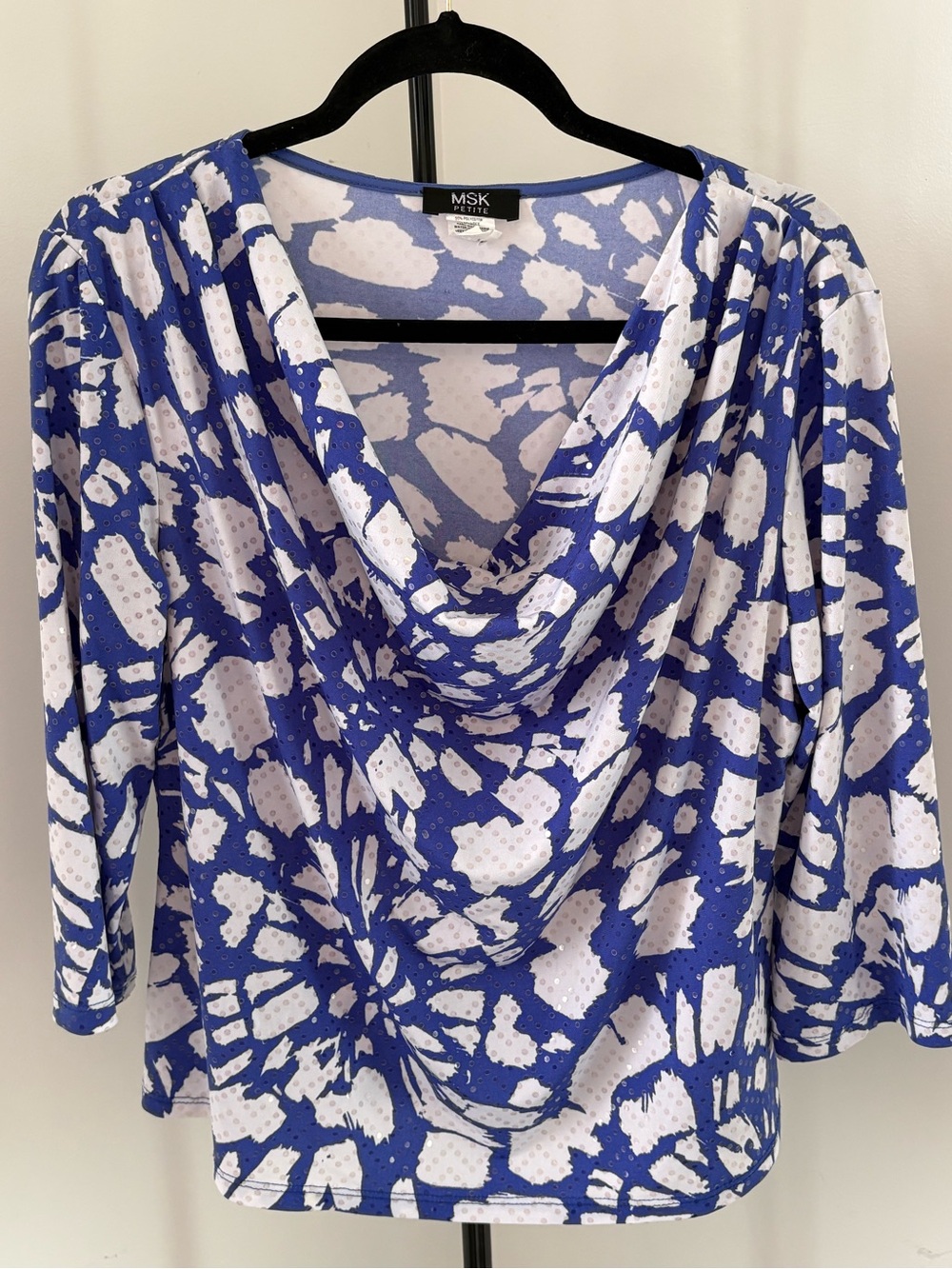 MSK Royal Blue and White Draped Cowl Neck Blouse with Sequins